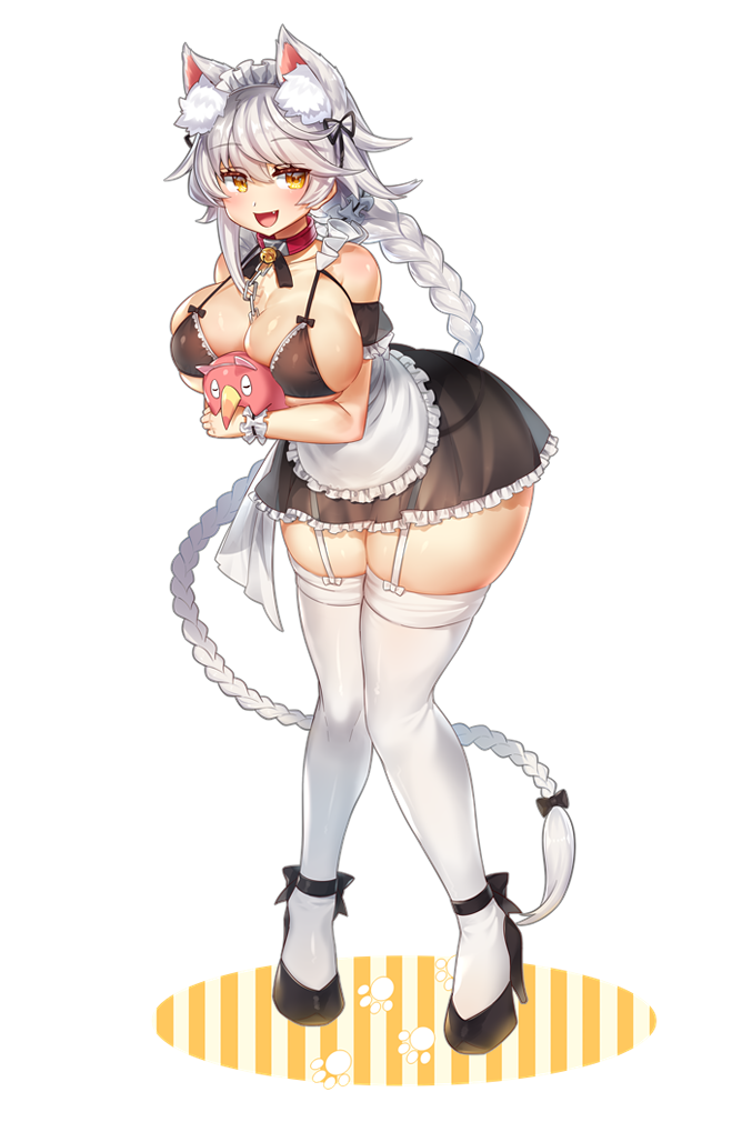 alternate_costume animal_ear_fluff animal_ears bare_shoulders black_bra black_panties black_skirt bra breasts commentary curvy detached_sleeves dog_ears enmaided failure_penguin fangs full_body garter_straps high_heels kantai_collection kemonomimi_mode knees_together_feet_apart large_breasts leaning_forward long_braid long_hair looking_at_viewer maid micro_bikini_top midriff open_mouth panties shiny shiny_skin silver_hair skindentation skirt smile solo standing stomach thighhighs thighs underboob underwear unryuu_(kantai_collection) very_long_hair white_legwear wide_hips yamaarashi yellow_eyes