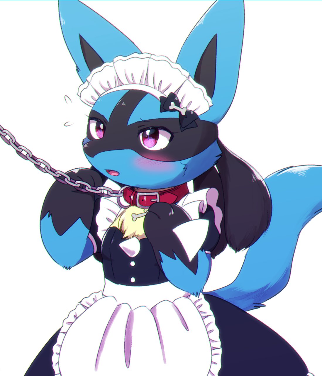 1girl collar creatures_(company) furry game_freak gen_4_pokemon kemoribon lucario maid nintendo open_mouth pokemon red_eyes solo