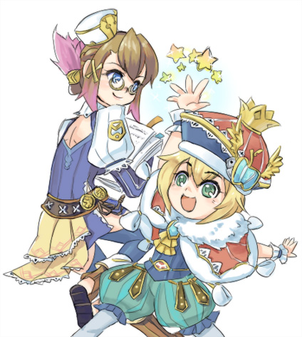 1boy 1girl blonde_hair blue_eyes brown_hair child chime clavat final_fantasy final_fantasy_crystal_chronicles final_fantasy_crystal_chronicles:_my_life_as_a_king glasses hat king_leo lowres selkie simple_background smile