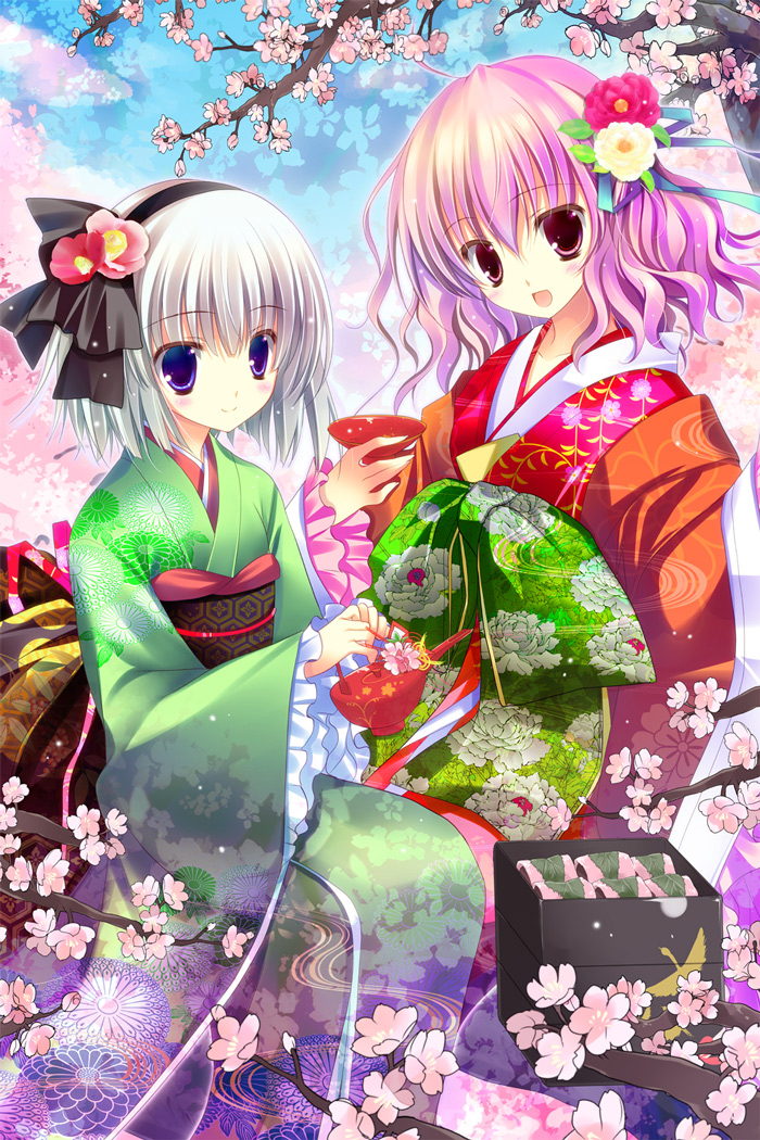 blue_eyes cherry_blossoms floral_print flower hair_flower hair_ornament hair_ribbon hexagon japanese_clothes kikumon kimono konpaku_youmu multiple_girls obentou obi open_mouth pink_eyes pink_hair pot ribbon saigyouji_yuyuko sash saucer shirogane_hina silver_hair sitting smile touhou tree