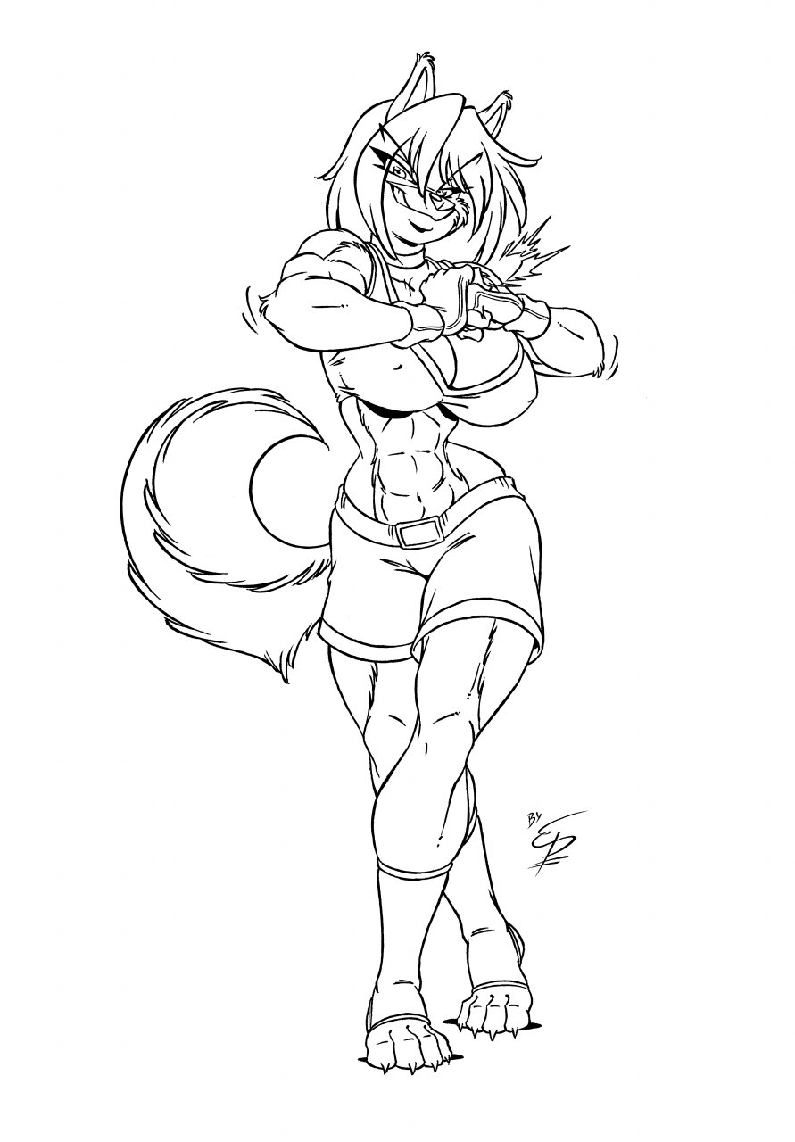 akita big_breasts black_and_white boxer breasts canine cleavage clothed clothing dog elnora_magner eltonpot female fighter hair legwear long_hair mammal monochrome muscles muscular_female smile solo tail toeless_socks