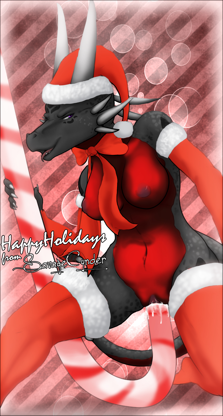 black bow breasts candy_cane cum cynder-the-dragon dragon english_text eyes_open hat holidays horn nipples open_mouth penetration purple_eyes pussy red savage scalie stockings tail vaginal vaginal_penetration white xmas