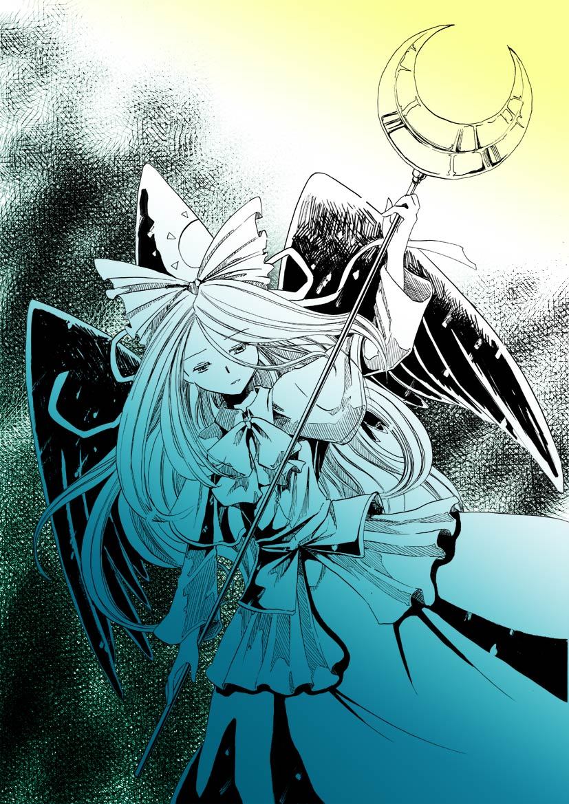 black_wings bow bowtie capelet crescent dutch_angle hat long_hair mima monochrome nib_pen_(medium) shiroaisa solo staff sun_(symbol) touhou touhou_(pc-98) traditional_media wings wizard_hat