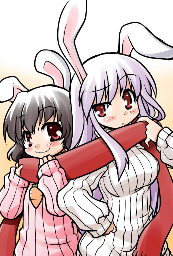 :3 akou_roushi alternate_costume animal_ears black_hair blush bunny_ears carrot hand_on_hip inaba_tewi lavender_hair multiple_girls raised_eyebrow red_eyes red_scarf reisen_udongein_inaba ribbed_sweater scarf shared_scarf smile sweater touhou uneven_eyes