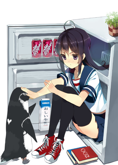 ahoge bad_id bad_pixiv_id bird black_hair black_legwear book can dr_pepper in_container in_refrigerator koba long_hair milk original penguin plant pleated_skirt purple_eyes refrigerator school_uniform serafuku shoes sitting skirt sneakers soda soda_can solo thighhighs translated zettai_ryouiki