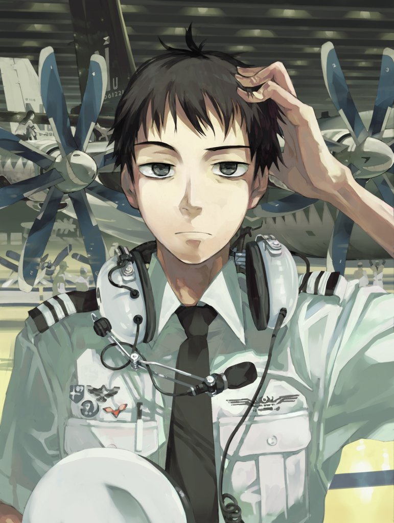 aircraft airplane badge brown_hair contra-rotating_propellers copyright_request hand_on_own_head hat hat_removed headset headwear_removed male_focus necktie pilot raised_eyebrow solo uniform zaimoku_okiba