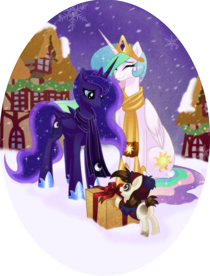 alicorn box brown_hair clothing crown cub cute cutie_mark equine female feral friendship_is_magic gift group hair hat horn horse house long_hair male mammal multi-colored_hair my_little_pony night pegacorn pipsqueak_(mlp) pony princess_celestia_(mlp) princess_luna_(mlp) rizcifra scarf sibling sisters smile snow snowflake tail tiara winged_unicorn wings young