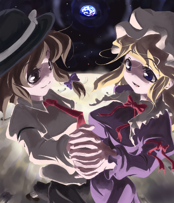 aya_shachou earth hat interlocked_fingers maribel_hearn moon multiple_girls red_ribbon ribbon space touhou usami_renko