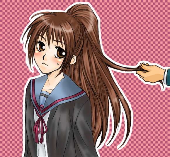 blue_sailor_collar blush brown_hair genderswap genderswap_(mtf) kita_high_school_uniform kyon kyonko nekochi ponytail sailor_collar school_uniform serafuku solo_focus suzumiya_haruhi_no_yuuutsu