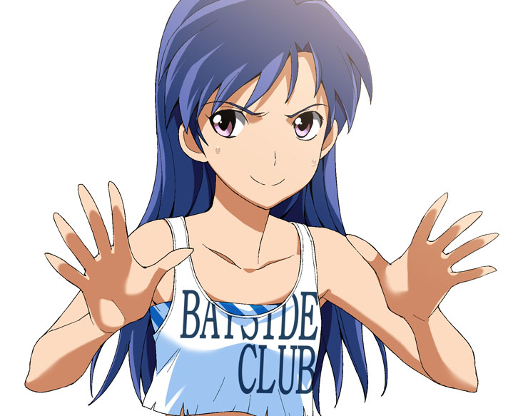 a1 bare_shoulders blue_hair brown_eyes closed_mouth idolmaster idolmaster_(classic) idolmaster_1 kisaragi_chihaya long_hair looking_at_viewer pose simple_background sleeveless smirk solo spread_fingers tank_top upper_body very_long_hair white_background