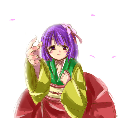 bad_id bad_pixiv_id blush flower hair_flower hair_ornament hieda_no_akyuu japanese_clothes lowres outstretched_arm purple_eyes purple_hair reaching short_hair simple_background sketch smile solo subachi touhou