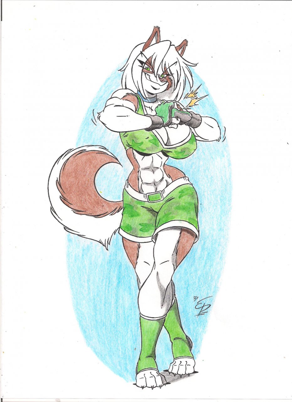 akita big_breasts boxer breasts canine cleavage clothed clothing dog elnora_magner eltonpot female fighter gloves green_eyes hair legwear long_hair long_white_hair mammal monochrome muscles muscular_female smile solo tail toeless_socks white_hair