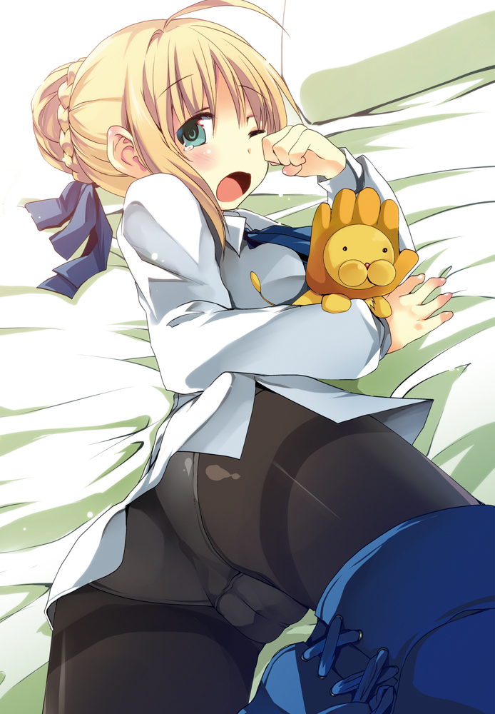 ahoge artoria_pendragon_(all) ass blonde_hair cameltoe fate/stay_night fate_(series) green_eyes kaisanbutsu looking_back lying on_stomach open_mouth panties panties_under_pantyhose pantyhose saber solo stuffed_toy tears thighband_pantyhose underwear