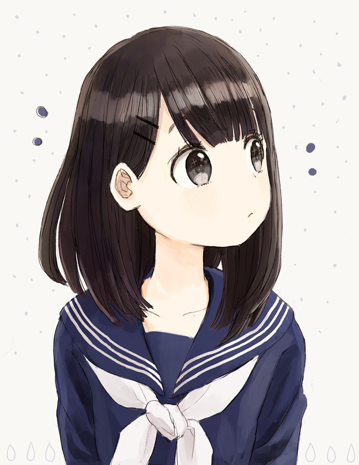 1girl arms_at_sides bangs brown_eyes brown_hair closed_mouth collarbone commentary_request copyright_request eyebrows_behind_hair eyelashes hair_ornament hairclip looking_to_the_side medium_hair nasuna navy_blue_sailor_collar navy_blue_serafuku navy_blue_shirt neckerchief sailor_collar school_uniform serafuku shiny shiny_hair solo star star_in_eye symbol_in_eye triple_horizontal_stripe upper_body white_neckwear