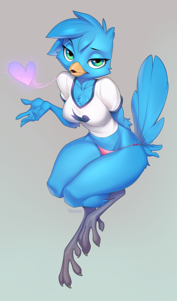 &lt;3 2019 anthro avian beak bird blue_fur breasts clothed clothing eyelashes feathers female fur green_eyes kissing logo panties shirt simple_background sitting solo t-shirt tweetfur twitter underwear yellow_beak yulliandress