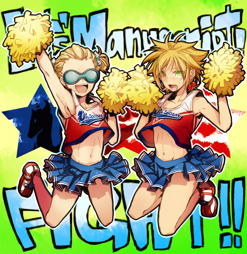 blonde_hair cheerleader crossdressing dylan_keith full_body glasses green_eyes inazuma_eleven inazuma_eleven_(series) jumping maka_(morphine) male_focus mark_kruger midriff multiple_boys navel open_mouth otoko_no_ko pom_poms shoes side_ponytail skirt smile sneakers sunglasses