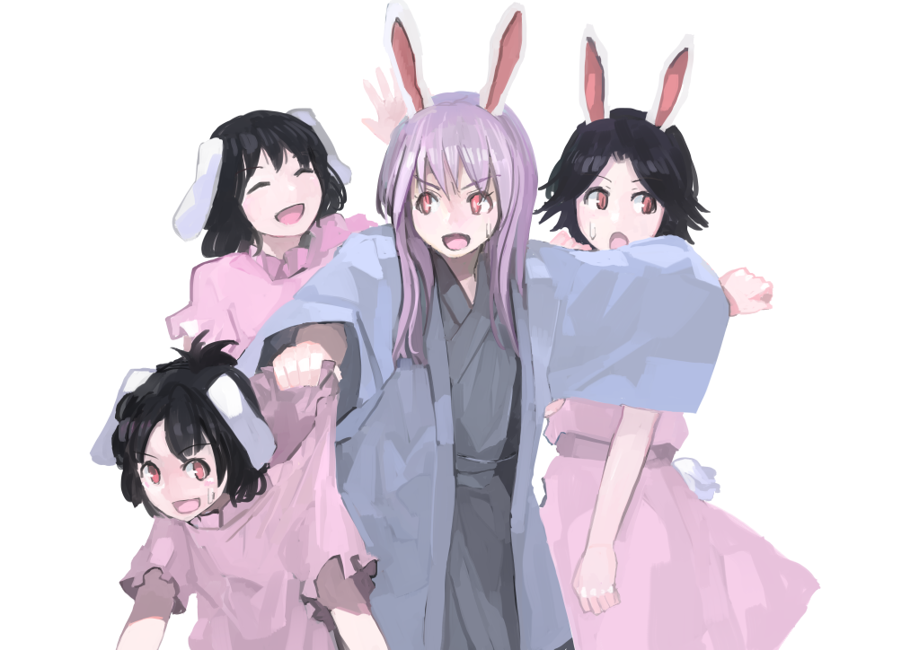 4girls :d ^_^ alternate_costume animal_ears bangs black_hair bunny_ears bunny_tail clenched_hand closed_eyes commentary cowboy_shot eyebrows_visible_through_hair eyes_closed forehead grabbing grey_kimono hand_up haori ichiba_youichi inaba_tewi japanese_clothes kimono long_sleeves looking_at_viewer multiple_girls multiple_persona open_mouth pink_sash purple_hair red_eyes reisen_udongein_inaba short_hair short_sleeves simple_background smile standing sweat tail touhou upper_body v-shaped_eyebrows white_background wide_sleeves
