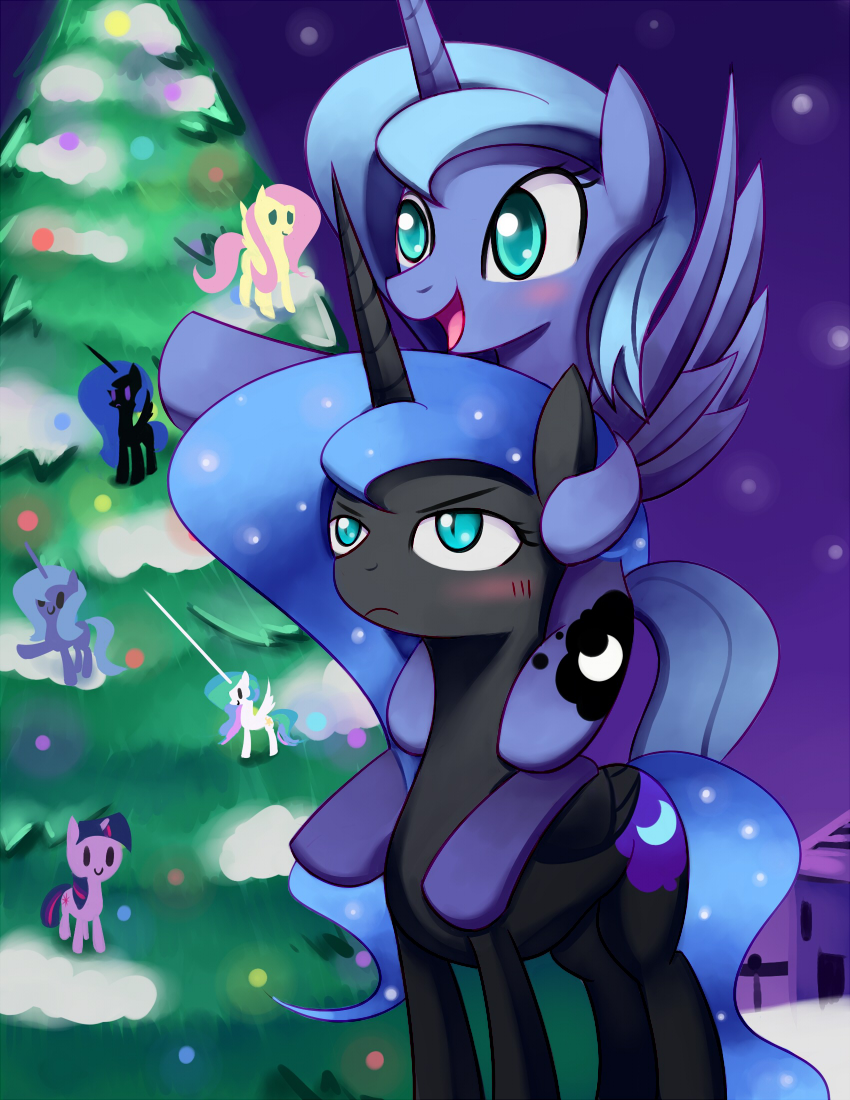 alicorn annoyed blue_eyes blush christmas clone cutie_mark equine female feral fluttershy_(mlp) friendship_is_magic holidays horn mammal my_little_pony negativefox night nightmare_moon_(mlp) ornaments princess_celestia_(mlp) princess_luna_(mlp) sibling siblings tree twilight_sparkle_(mlp) twins unicorn winged_unicorn wings wood xmas