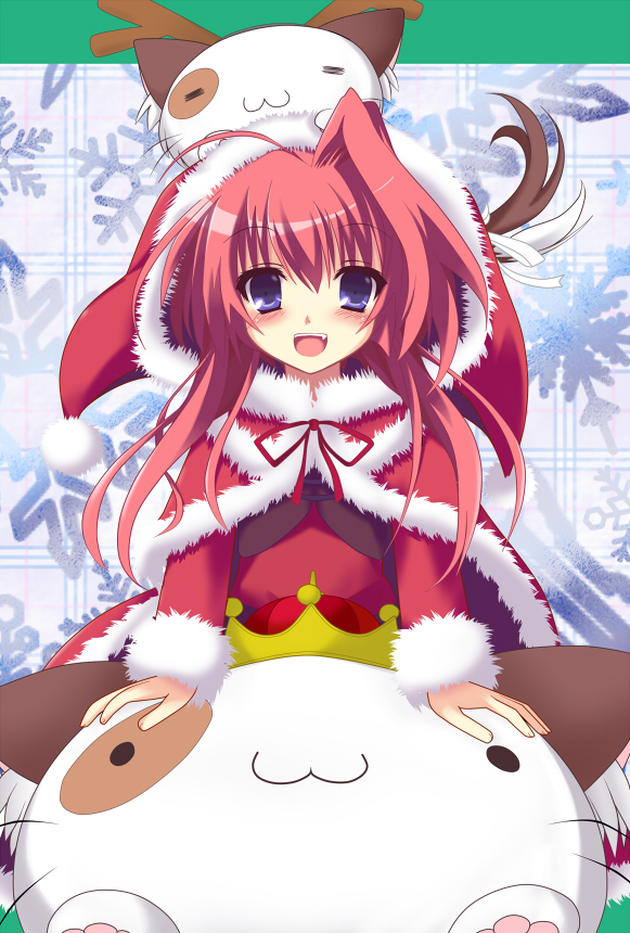 :3 :d animal blush cat christmas crown fang hood inui_sana long_hair mashiroiro_symphony open_mouth pan-nya purple_eyes red_hair ribbon santa_costume sitting smile solo takanashi_kou