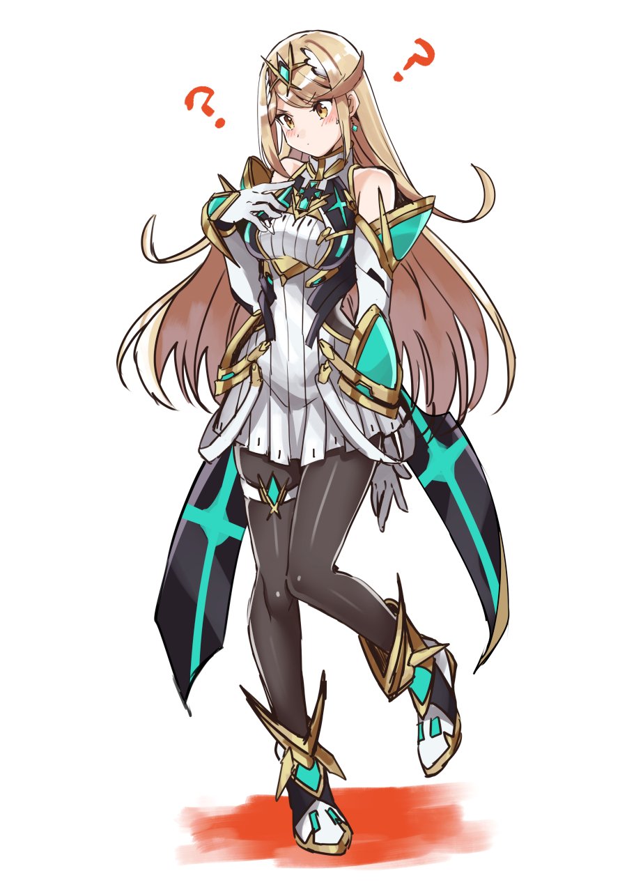 alternate_costume armor bangs blonde_hair blush breasts commentary earrings full_body gem gloves headpiece highres hikari_(xenoblade_2) jewelry long_hair looking_at_viewer pantyhose shimo_(s_kaminaka) simple_background smile solo spirit_(super_smash_bros.) super_smash_bros. super_smash_bros._ultimate swept_bangs tiara xenoblade_(series) xenoblade_2 yellow_eyes