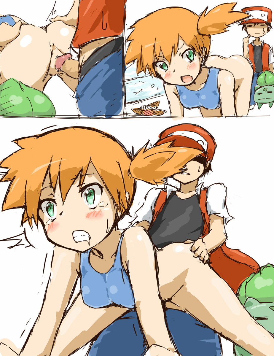 1boy 1girl all_fours anus artist_request ass ass_grab black_hair blush bottomless bulbasaur chap clothed_sex doggystyle from_behind green_eyes gym_leader hat hetero kasumi_(pokemon) misty nintendo orange_hair pokemon red red_(pokemon) sex staryu surprised tears tomboy uncensored vaginal