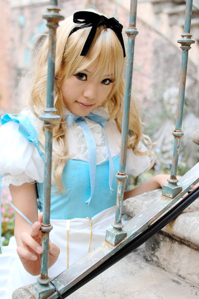 alice_(wonderland) alice_in_wonderland apron blonde_hair cosplay hair_ribbon hair_ribbons kipi-san photo pocket_watch ribbon watch