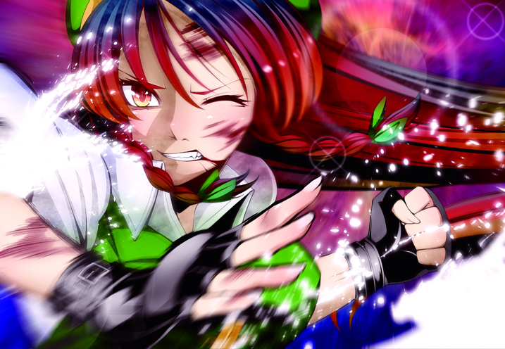 action bad_id bad_pixiv_id black_gloves blood blood_on_face braid clenched_hand clenched_teeth fingerless_gloves gloves hair_ribbon hat hong_meiling long_hair one_eye_closed orange_eyes red_eyes red_hair ribbon scrape solo teeth torizousui touhou twin_braids wince