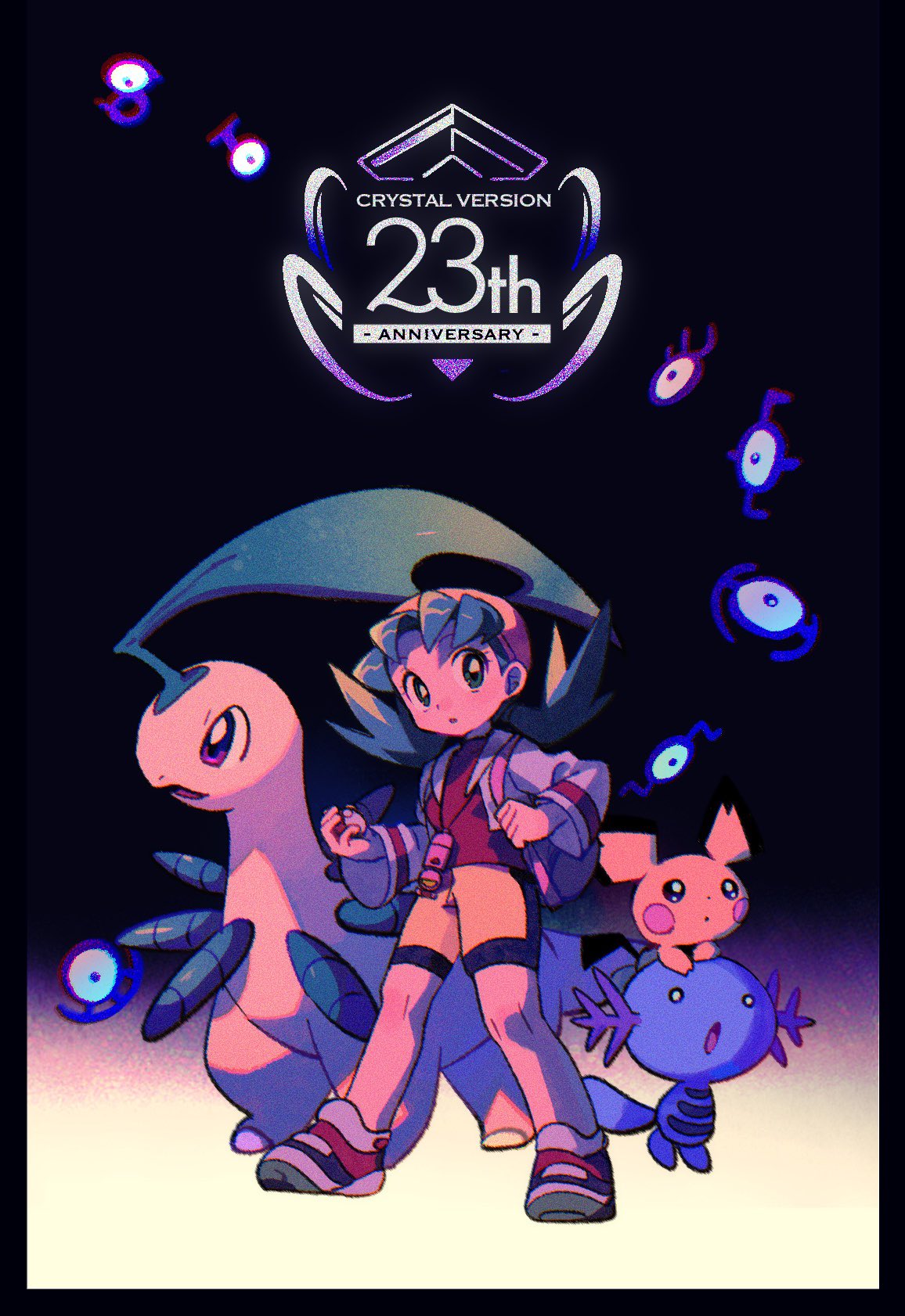 1girl anniversary bayleef bike_shorts black_background blue_eyes blue_hair commentary_request english_text hat highres holding holding_poke_ball jacket kris_(pokemon) ok_ko19 open_mouth pichu poke_ball poke_ball_(basic) pokegear pokemon pokemon_(creature) pokemon_gsc purple_eyes shirt shorts simple_background twintails unown unown_e unown_t wooper yellow_headwear