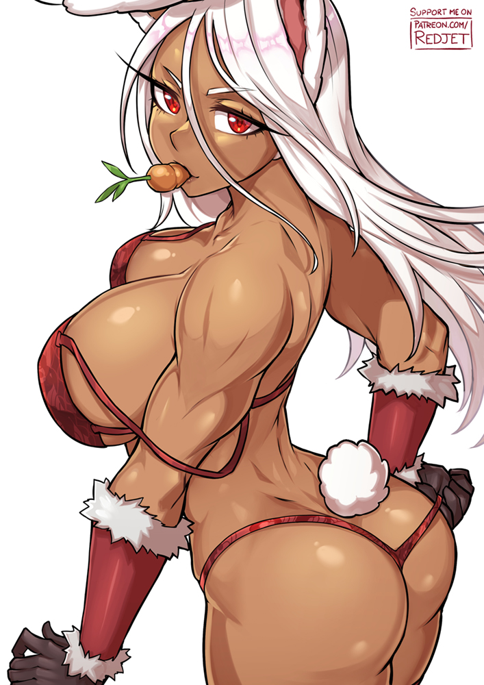 1girl animal_ears ass bare_shoulders black_gloves boku_no_hero_academia bra breasts carrot cleavage collarbone dark-skinned_female dark_skin food_in_mouth from_side fur-trimmed_sleeves fur_trim gloves hair_between_eyes large_breasts long_eyelashes long_hair looking_at_viewer mirko panties panty_pull parted_bangs patreon_username pulled_by_self rabbit_ears rabbit_girl rabbit_tail red_bra red_eyes red_panties red_sleeves redjet sideboob solo strap_slip tail thighs thong toned underwear white_background white_hair