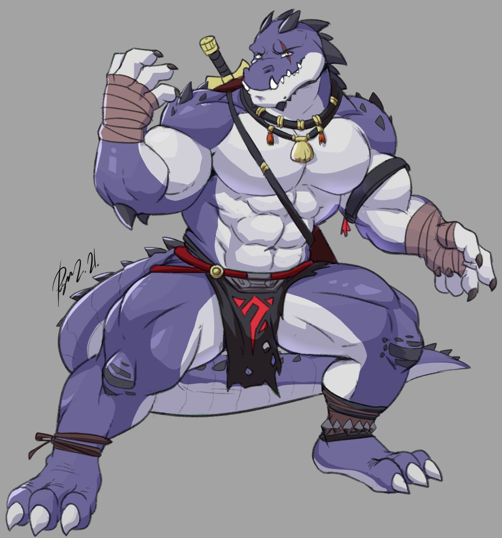 abs alligator alligatorid anthro biceps bottomwear clothed clothing crocodilian hand_wraps horn jewelry lofnirv loincloth looking_at_viewer male melee_weapon muscular muscular_anthro muscular_male necklace pecs pose reptile scalie simple_background solo sword sword_on_back tail teeth topless weapon wraps