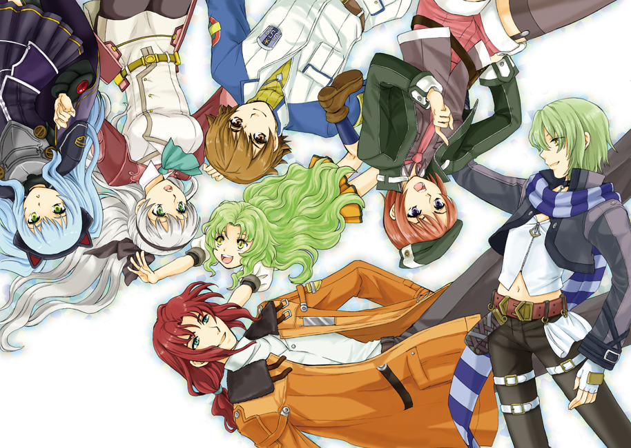 4girls eiyuu_densetsu elie_macdowell green_neckwear kea_(eiyuu_densetsu) lloyd_bannings multiple_boys multiple_girls nijimasu noel_seeker randy_orlando tio_plato upside-down wazy_hemisphere zero_no_kiseki