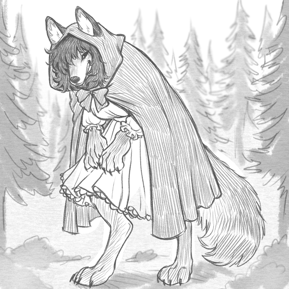 anthro bangs bared_teeth barefoot big_bad_wolf black_and_white bow_ribbon canid canine canis claws cloak clothing dark_hair digitigrade dress evil_grin fairy_tales feet female fluffy fluffy_tail forest fusion grin hair hair_over_eye hood hunched_over invalid_tag large_paws little_red_riding_hood little_red_riding_hood_(copyright) looking_at_viewer mammal monochrome one_eye_obstructed paws plant simple_background sketch smile smiling_at_viewer solo tail tateoftot teeth teeth_showing tree wavy_hair wolf