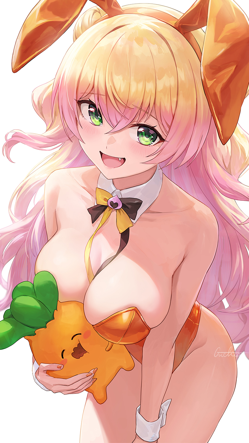 1girl :d animal_ear_headwear animal_ears bare_shoulders blonde_hair bow bowtie breasts cleavage detached_collar double-parted_bangs fake_animal_ears fang gradient_hair green_eyes guchico highres hololive large_breasts leotard long_hair looking_at_viewer momosuzu_nene multicolored_hair nekko_(momosuzu_nene) open_mouth orange_leotard pink_hair playboy_bunny rabbit_ears sidelocks simple_background sketch smile strapless strapless_leotard two-tone_hair virtual_youtuber white_background wrist_cuffs