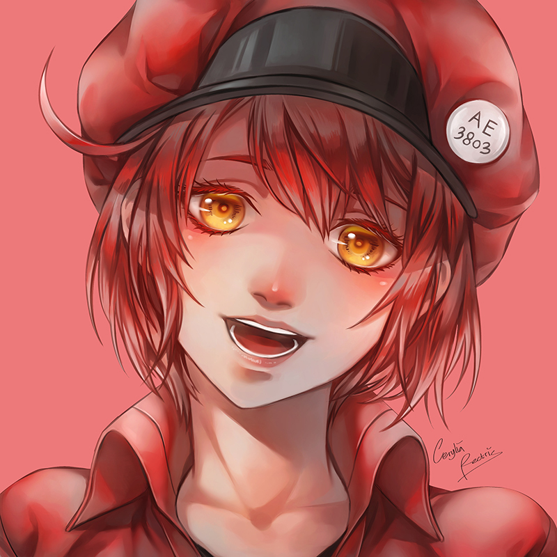 1girl cerylia_rectris hataraku_saibou open_mouth red_blood_cell_(hataraku_saibou) red_hair red_headwear red_nose red_shirt shirt short_hair signature yellow_eyes