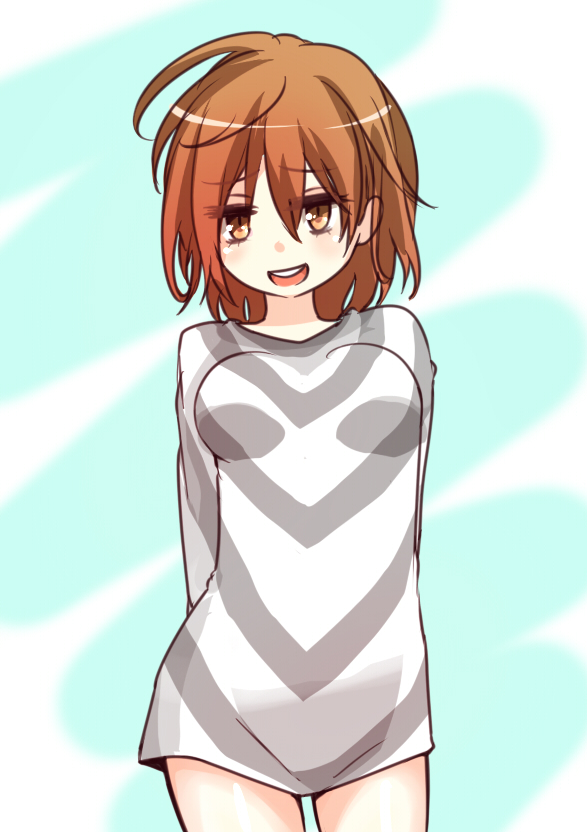 1girl accelerator_(toaru_majutsu_no_index) accelerator_(toaru_majutsu_no_index)_(cosplay) arms_behind_back blue_background breasts brown_eyes brown_hair commentary_request cosplay diagonal-striped_shirt diagonal_stripes feet_out_of_frame grey_shirt hair_between_eyes i.u.y long_sleeves looking_at_viewer medium_breasts medium_hair messy_hair misaka_worst open_mouth shirt slit_pupils smile solo standing striped striped_shirt teeth thighs toaru_majutsu_no_index toaru_majutsu_no_index:_new_testament upper_teeth_only