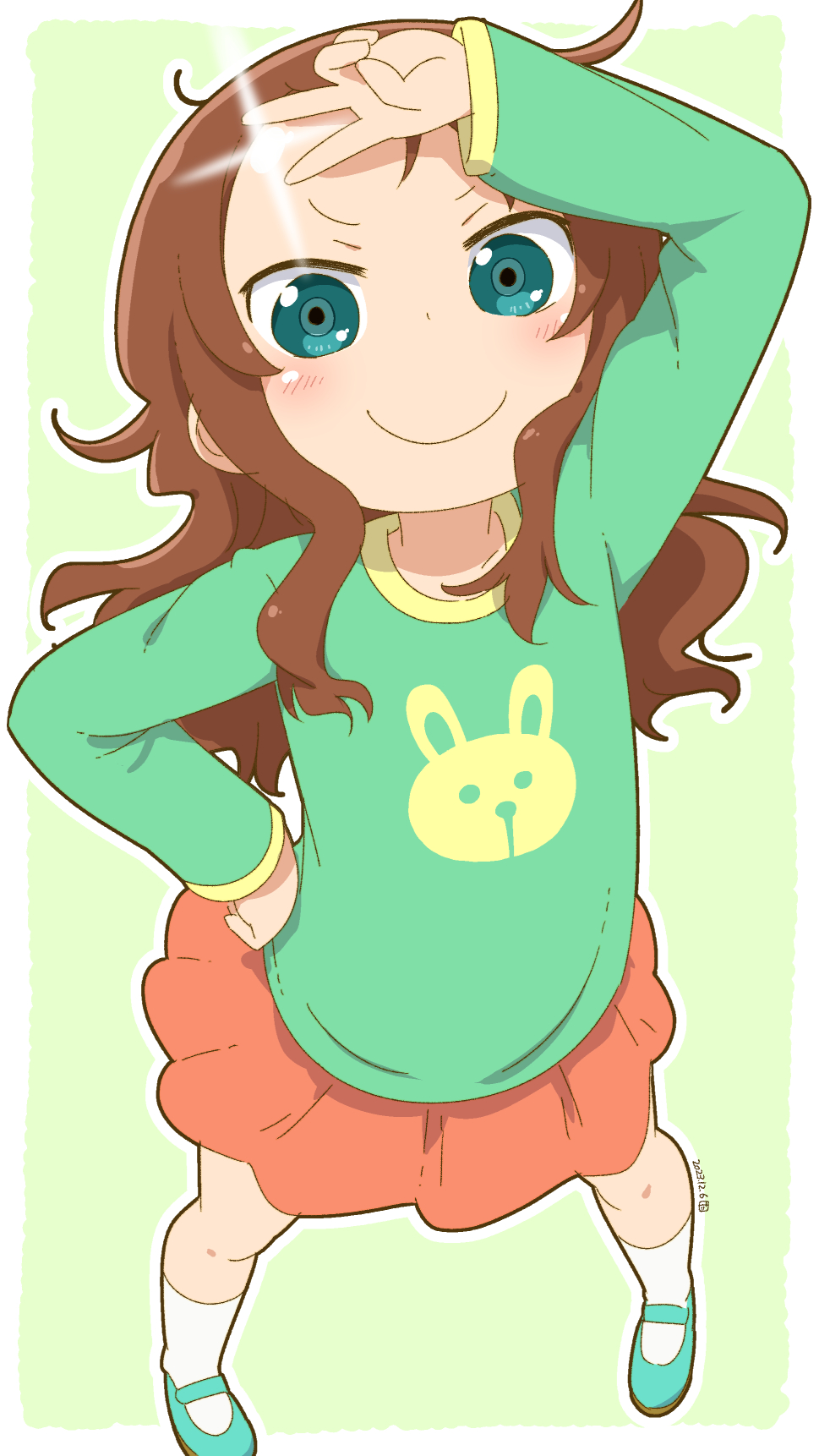 1girl animal_print arm_up blush border brown_hair closed_mouth commentary_request green_background green_eyes green_footwear green_shirt hand_on_own_hip highres kobayashi-san_chi_no_maidragon legs_apart long_hair looking_at_viewer messy_hair orange_skirt pleated_skirt rabbit rabbit_print saikawa_riko samansa_ex shiny_skin shirt simple_background skirt smile socks solo v white_border white_socks