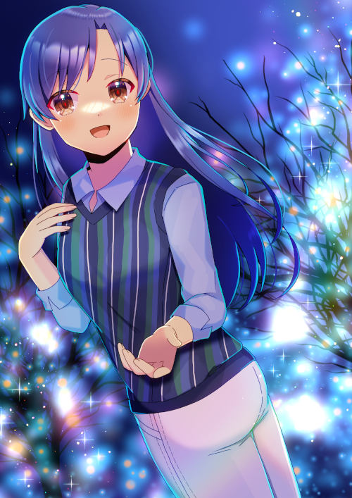 1girl :d ass bare_tree blue_shirt blurry blurry_background blush brown_eyes collared_shirt commentary_request commission depth_of_field diagonal_stripes idolmaster idolmaster_(classic) kisaragi_chihaya kou_hiyoyo long_hair long_sleeves looking_at_viewer night outdoors pants parted_bangs purple_hair shirt skeb_commission smile solo striped sweater_vest tree twister very_long_hair white_pants