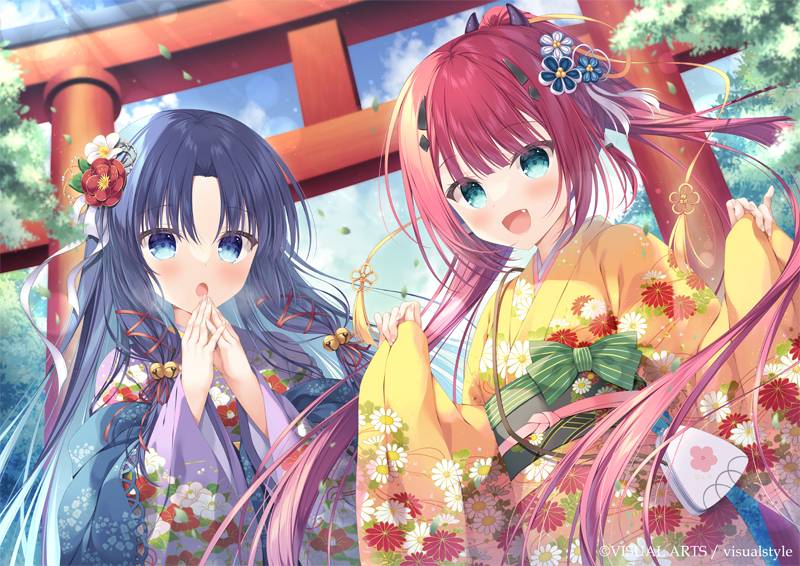 2girls :d bell black_hair blue_eyes blue_sky blush bow breathing_on_hands character_request cloud cloudy_sky commentary_request day fang floral_print flower green_bow hair_bell hair_flower hair_ornament hair_ribbon hands_up horns japanese_clothes jingle_bell kamiyama_shiki kimono long_hair long_sleeves multiple_girls obi official_art outdoors parted_bangs pinching_sleeves ponytail print_kimono purple_kimono red_flower red_hair red_ribbon ribbon sash sky sleeves_past_wrists smile striped striped_bow summer_pockets takano_yuki_(allegro_mistic) torii very_long_hair white_flower wide_sleeves yellow_kimono