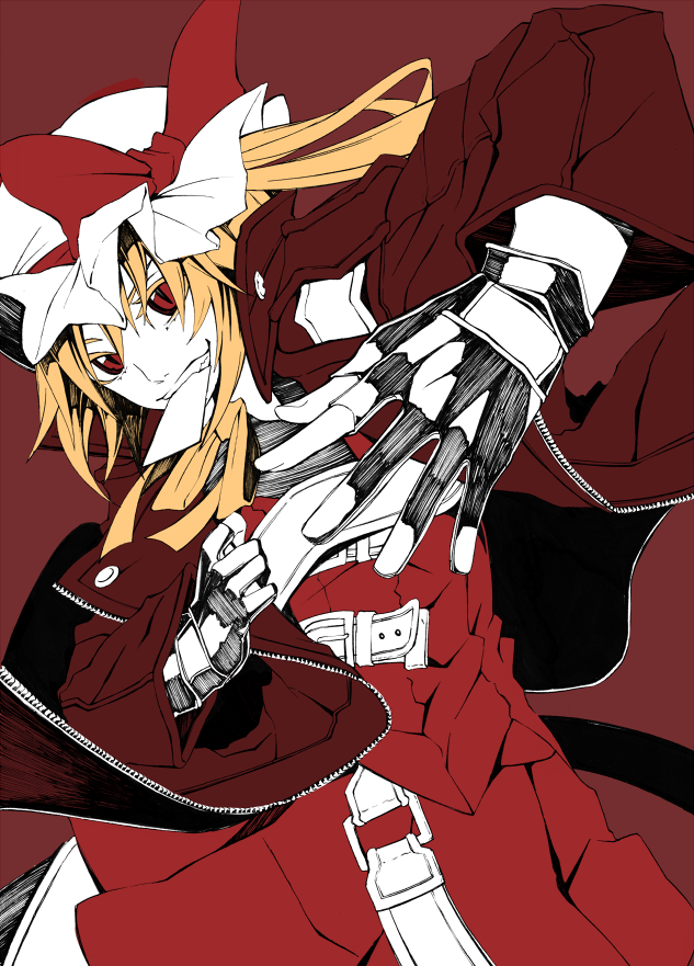 bad_id bad_pixiv_id belt belt_buckle biting blonde_hair buckle devil_may_cry fingerless_gloves flandre_scarlet gloves hat hat_ribbon jacket mouth_hold partially_colored red_background red_eyes ribbon short_hair side_ponytail simple_background skirt skirt_set smile solo torizousui touhou