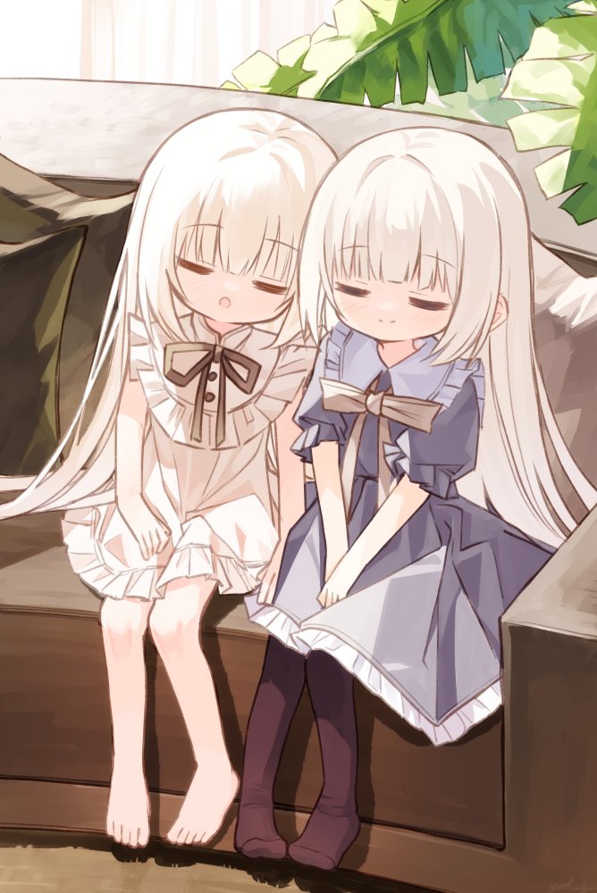 2girls :o barefoot brown_pantyhose bunny_girl_(yuuhagi_(amaretto-no-natsu)) closed_eyes closed_mouth commentary_request couch dress frilled_dress frills grey_dress hands_on_lap healer_girl_(yuuhagi_(amaretto-no-natsu)) indoors long_hair multiple_girls no_shoes on_couch original pantyhose parted_lips pillow plant puffy_short_sleeves puffy_sleeves short_sleeves sitting smile very_long_hair white_dress white_hair yuuhagi_(amaretto-no-natsu)