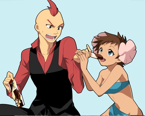 1girl angry bad_id bad_pixiv_id bare_shoulders blue_eyes brown_hair elite_four eye_contact flower food fuyou_(pokemon) groin hair_flower hair_ornament hirococo ice kagetsu_(pokemon) looking_at_another lowres midriff navel open_mouth orange_hair pokemon pokemon_(game) pokemon_rse popsicle short_hair simple_background strapless tubetop