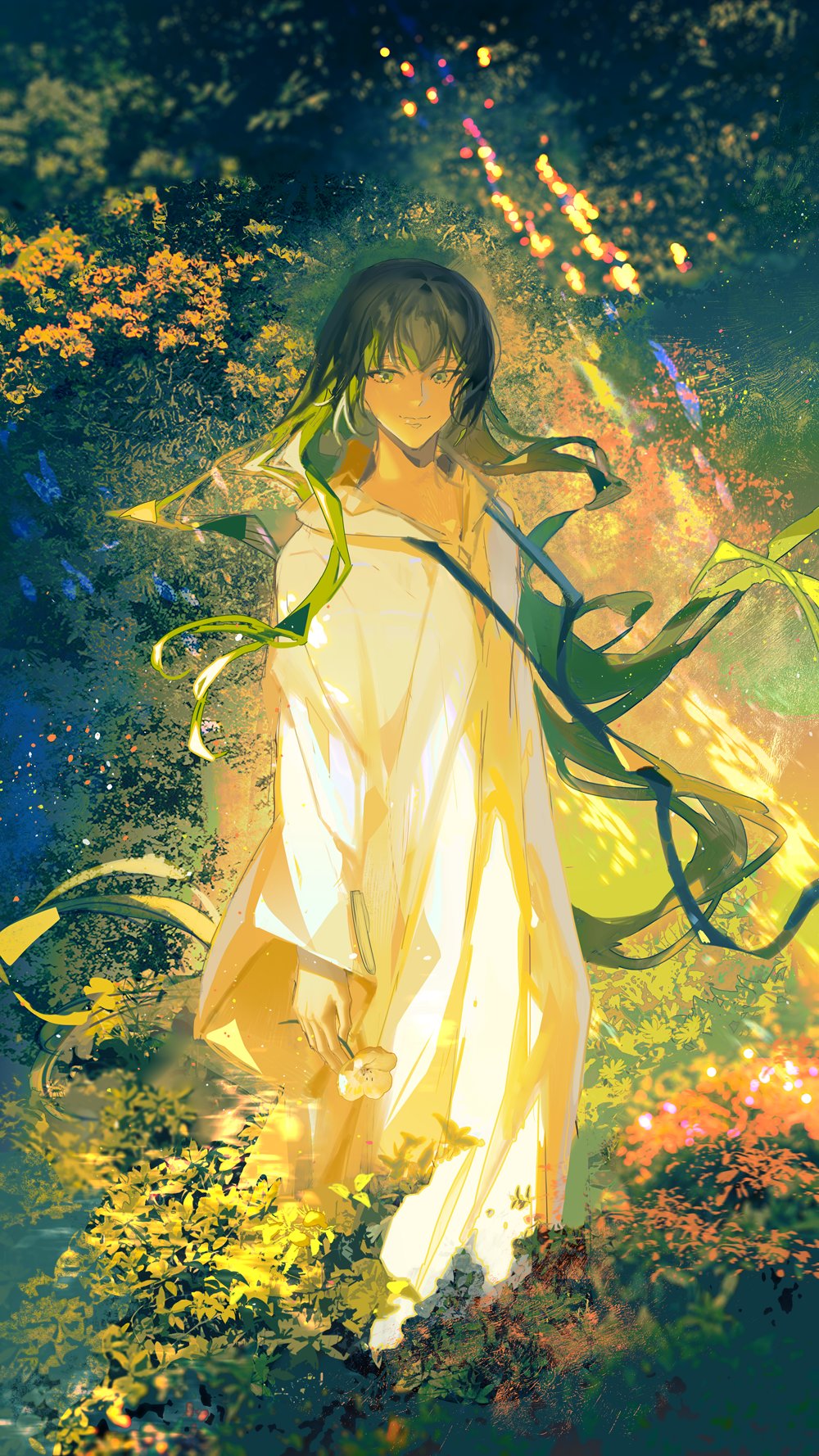 1boy absurdly_long_hair androgynous cangchen enkidu_(fate) fate/strange_fake fate_(series) flower green_eyes green_hair hair_between_eyes highres holding holding_flower long_hair long_sleeves looking_at_viewer male_focus nature robe smile solo standing very_long_hair white_robe