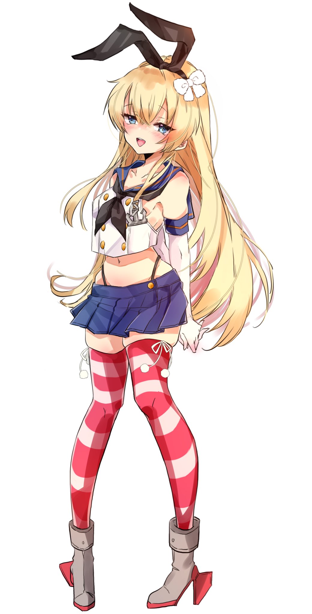 1girl anchor_hair_ornament arms_behind_back black_hairband black_neckerchief black_panties blonde_hair blue_eyes blue_skirt blush bow chigasaki_yukari collarbone crossed_bangs elbow_gloves gloves hair_bow hair_ornament hairband highleg highleg_panties highres kantai_collection legs_together long_hair looking_at_viewer midriff miniskirt navel neckerchief open_mouth own_hands_together panties panty_straps pigeon-toed pleated_skirt pom_pom_(clothes) ribbon sailor_collar shimakaze_(kancolle) shoes skindentation skirt solo standing striped striped_thighhighs teeth thighhighs thong underwear upper_teeth_only white_background white_bow white_gloves white_ribbon zettai_ryouiki