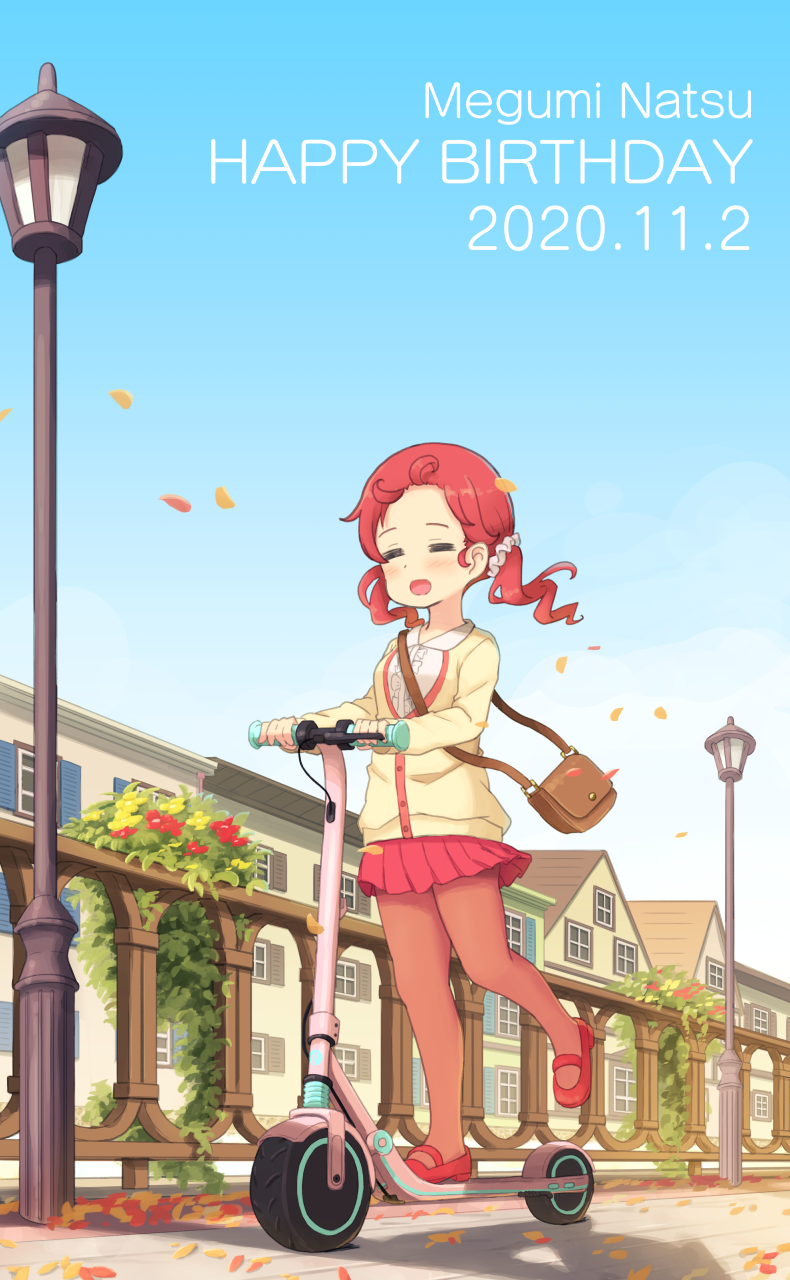 1girl bag blue_sky breasts bridge brown_bag building buttons casual center_frills character_name closed_eyes collared_shirt commentary_request dated day facing_viewer frills full_body gochuumon_wa_usagi_desu_ka? hair_ornament hair_scrunchie handbag happy_birthday highres house jacket lamppost mary_janes medium_hair miniskirt mohei motor_vehicle natsu_megumi on_scooter open_mouth orange_pantyhose outdoors pantyhose partial_commentary petals pink_skirt plant pleated_skirt red_footwear red_hair riding_scooter scooter scrunchie shadow shirt shoes skirt sky small_breasts smile solo wavy_hair white_scrunchie wind wind_lift window yellow_jacket