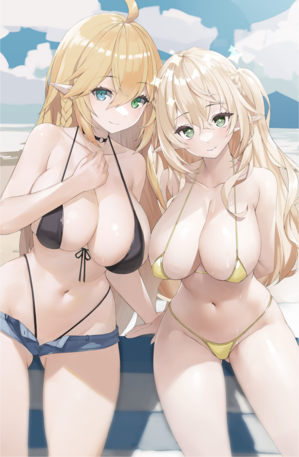 +_+ 2girls ahoge arm_behind_back arm_support ass_visible_through_thighs bare_arms bare_shoulders beach_mat bikini black_bikini black_choker blonde_hair blue_eyes blue_shorts braid breasts choker closed_mouth cloud cloudy_sky collarbone commentary_request day denim denim_shorts elf front-tie_bikini_top front-tie_top green_eyes hair_between_eyes halterneck hand_up heterochromia highleg highleg_bikini highres large_breasts light_blush long_hair looking_at_viewer micro_bikini micro_shorts multiple_girls nakamura_nagare navel o-ring o-ring_choker open_fly original outdoors pointy_ears shorts side_braid sitting sky smile sparkle stomach string_bikini swimsuit very_long_hair yellow_bikini
