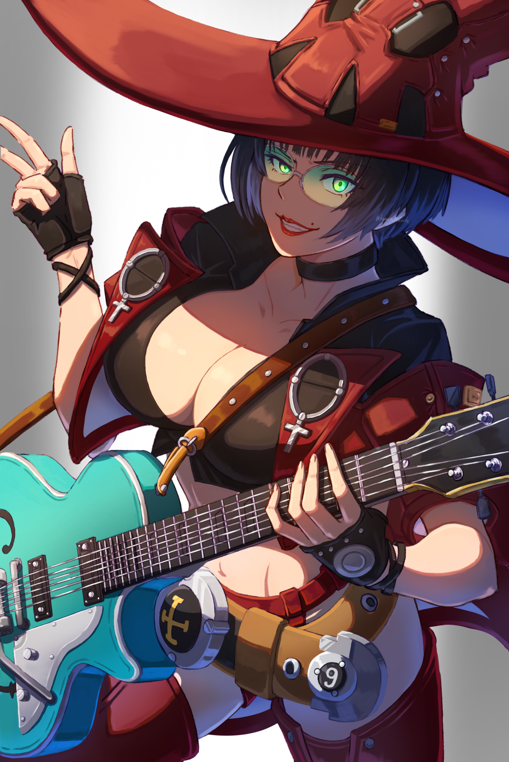 1girl black_hair breasts cleavage electric_guitar fingerless_gloves gloves green-tinted_eyewear green_eyes guilty_gear guilty_gear_strive guitar hat highres i-no instrument kamata_(etoileazuki) large_breasts long_sleeves looking_at_viewer mole mole_above_mouth navel red_footwear red_headwear red_leather red_lips short_hair smile sunglasses tinted_eyewear venus_symbol witch_hat