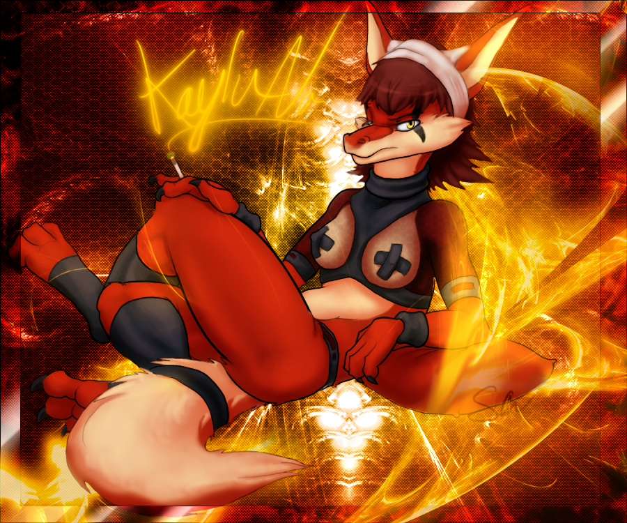 breasts brown_hair cigarette claws cynder-the-dragon darknite ears female hair hybrid leggings markings nipple_pasties skimpy solo yellow_eyes