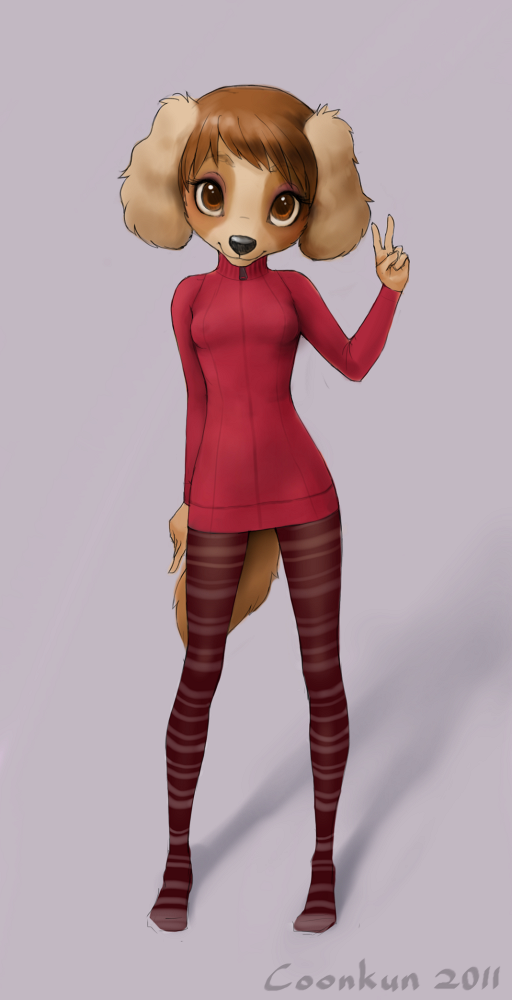 brown_hair canine collar coonkun cute dog female hair legwear looking_at_viewer mammal socks solo sweater tights young
