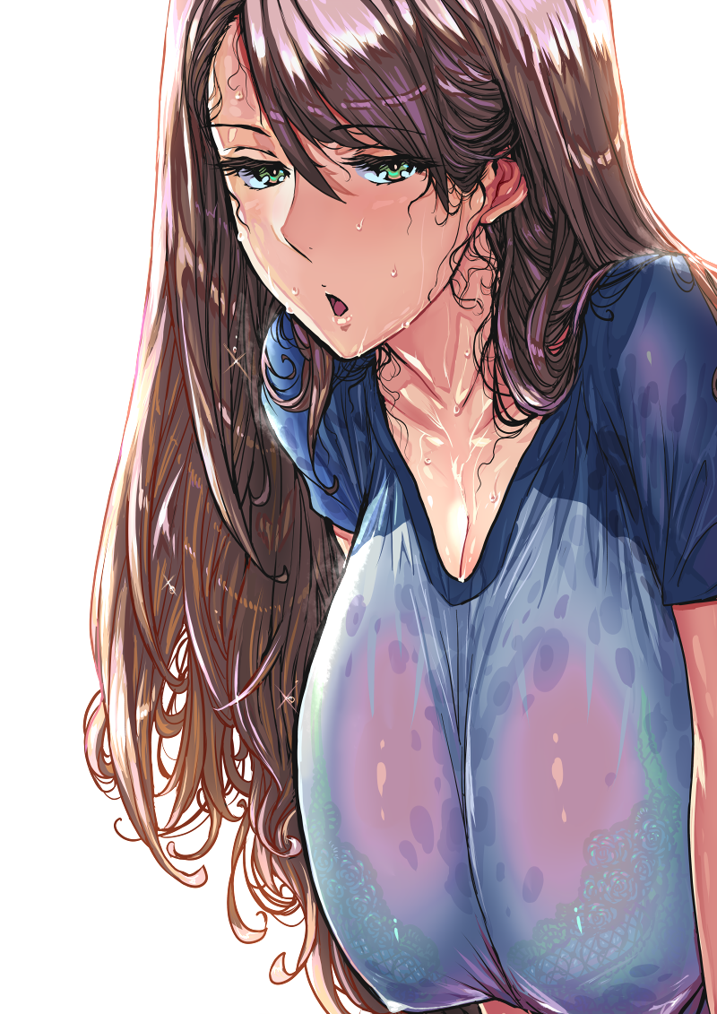 1girl bent_over blush bra breasts brown_hair collarbone commentary_request dripping eyelashes green_eyes gym_shirt idolmaster idolmaster_cinderella_girls lace-trimmed_bra lace_trim large_breasts leaning_forward long_hair looking_at_viewer messy_hair nishikawa_honami open_mouth revision sagging_breasts see-through see-through_shirt shirt short_sleeves sweat sweaty_clothes underwear upper_body very_sweaty warainaku wet wet_clothes wet_hair white_background