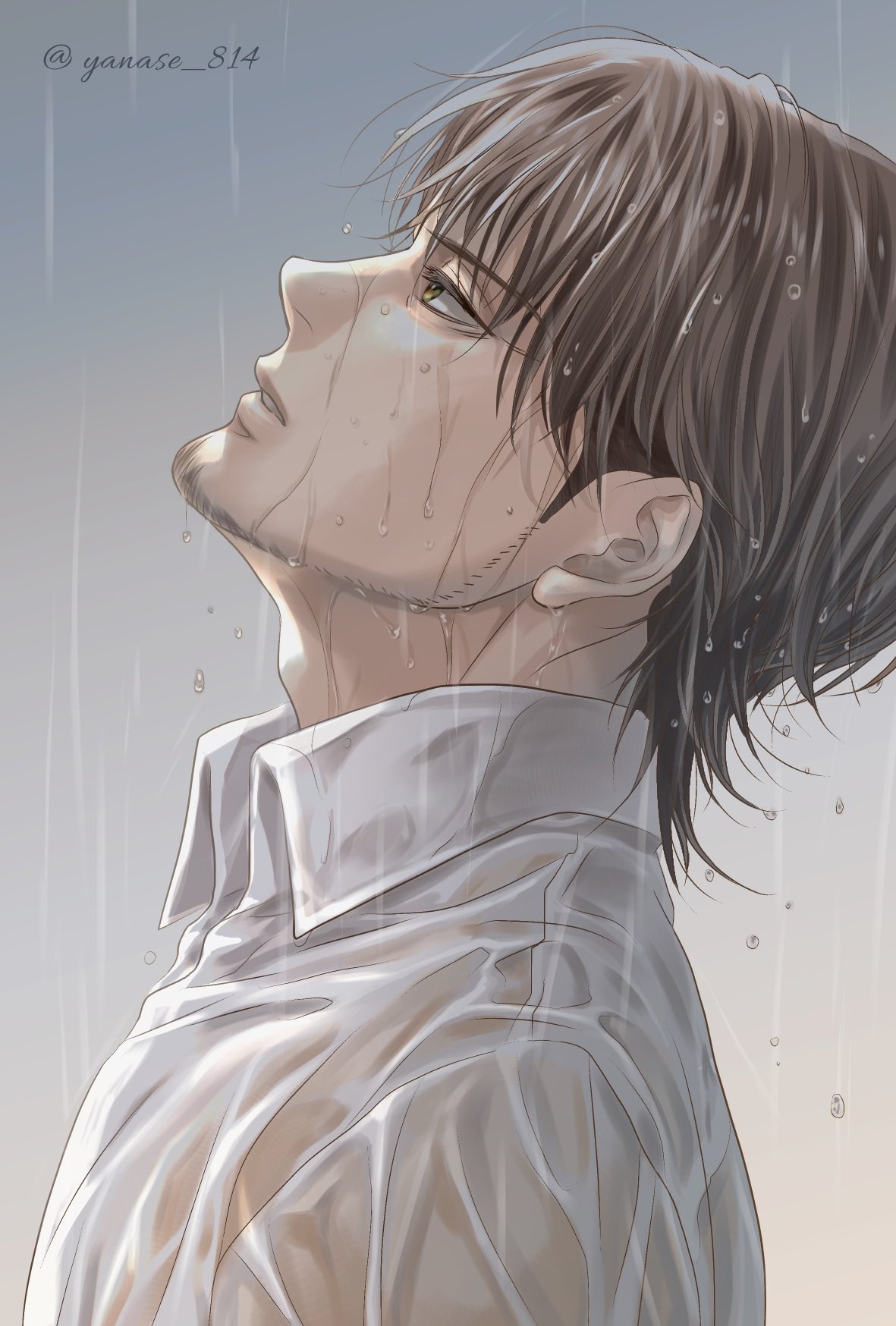 1boy adam's_apple brown_eyes brown_hair commentary_request expressionless facial_hair from_side goatee highres jean_kirchstein looking_up male_focus profile rain shingeki_no_kyojin shirt solo twitter_username undercut wet wet_clothes wet_shirt yanase_814